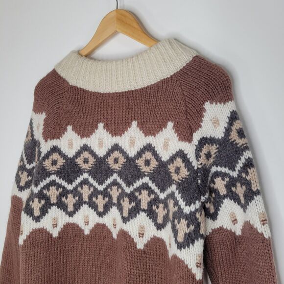 AERIE Brown Chunky Knit Sweater Sz S Fair Isle Nordic Aztec Wool Blend Longline - Picture 7 of 11